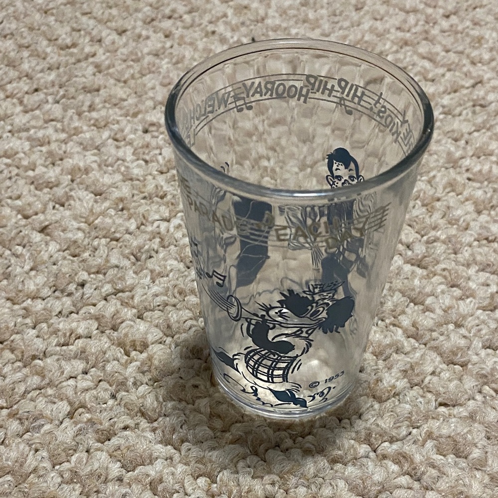 1953 Vintage Welch’s jelly jar howdie doodie Glass with Blue Cartoon Design
